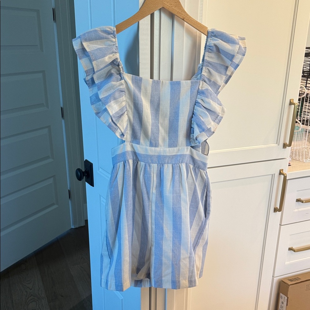Blue and White Striped Ruffle Romper